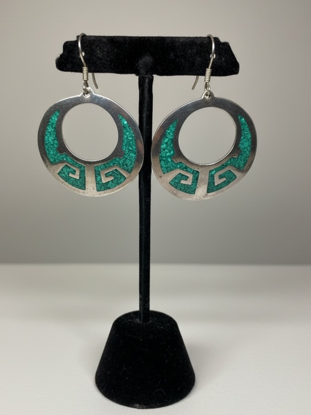 Vintage Taxco Sterling Inlaid Turquoise Dangle Hoop Earrings